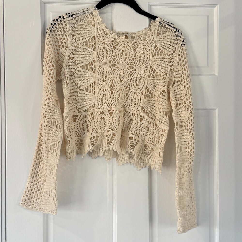 Rebellion Crochet Lace Top Size M Boho Cream Open Knit Festival Cropped LS Top